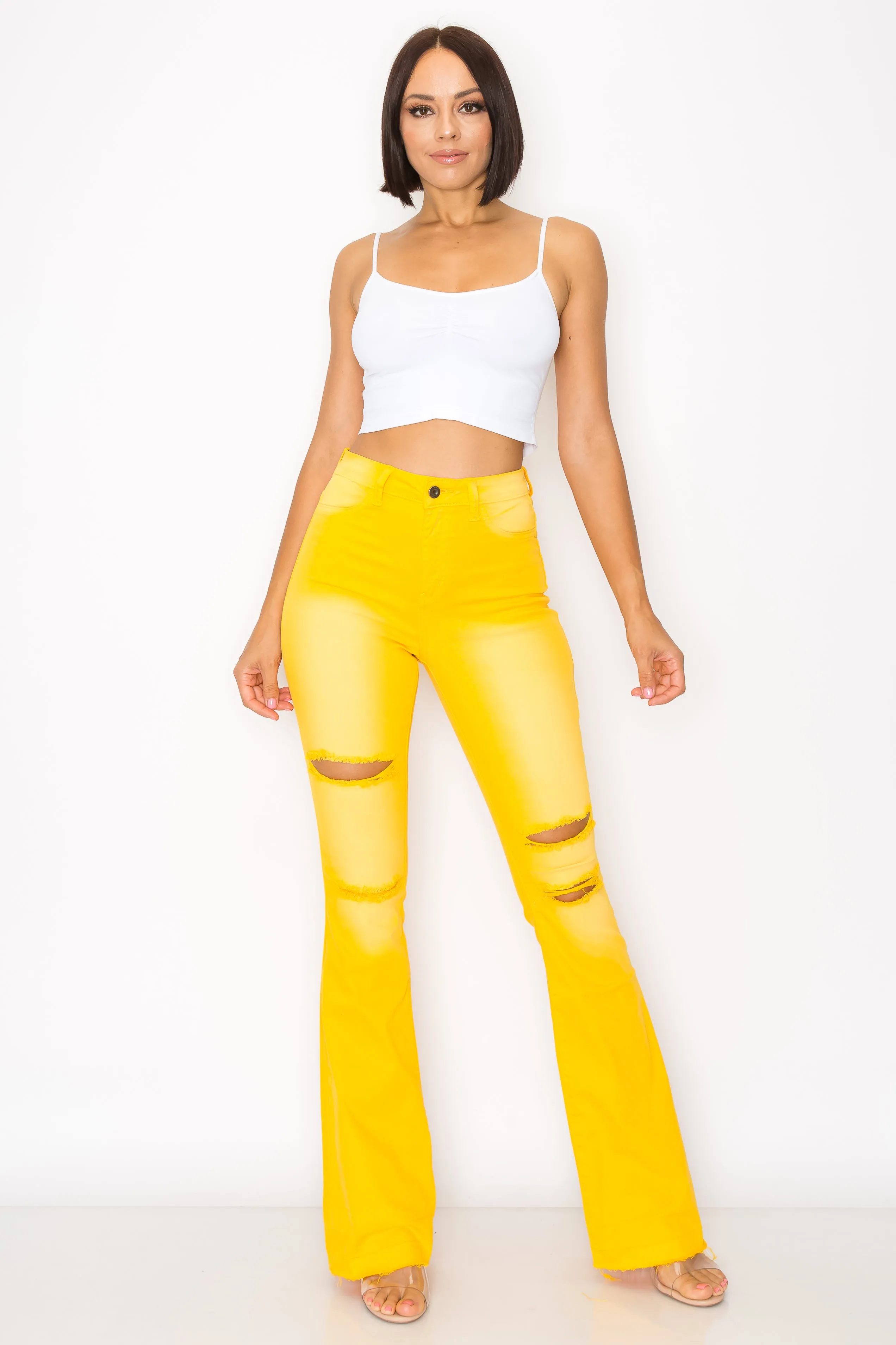 2143 Woman High Rise Light Flare Jeans W/Knee & Tight Slices