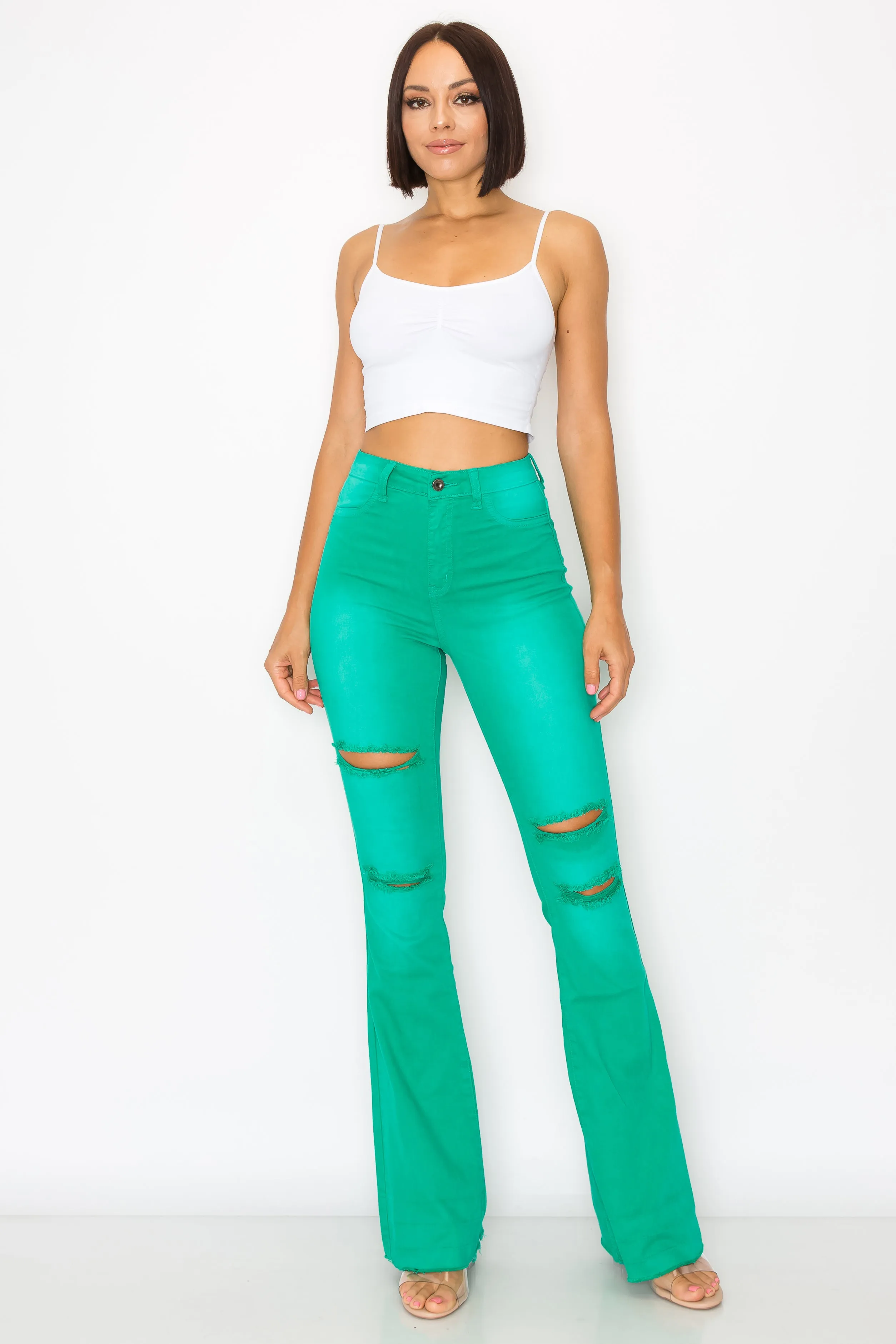 2143 Woman High Rise Light Flare Jeans W/Knee & Tight Slices