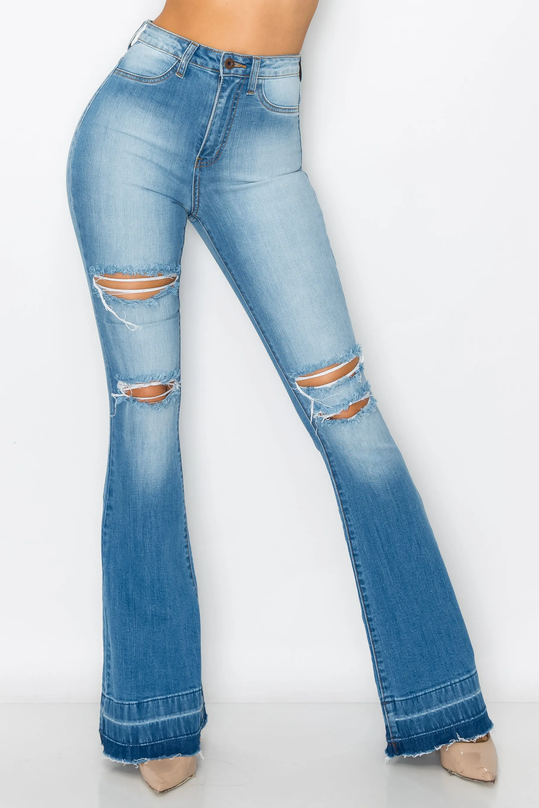 2143 Woman High Rise Light Flare Jeans W/Knee & Tight Slices