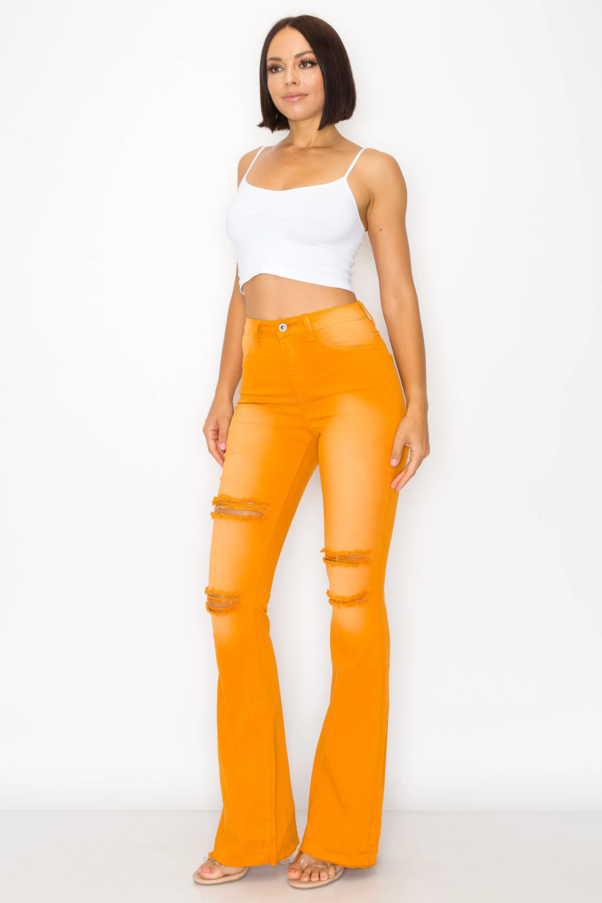 2143 Woman High Rise Light Flare Jeans W/Knee & Tight Slices