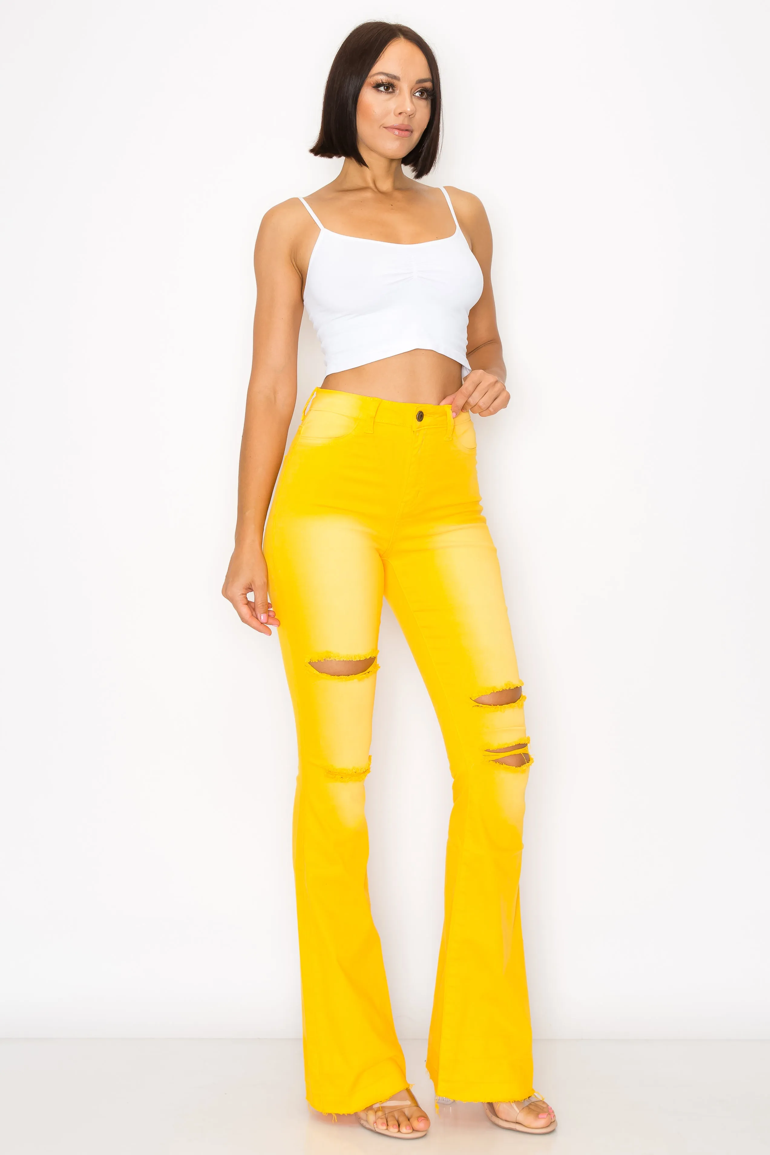 2143 Woman High Rise Light Flare Jeans W/Knee & Tight Slices