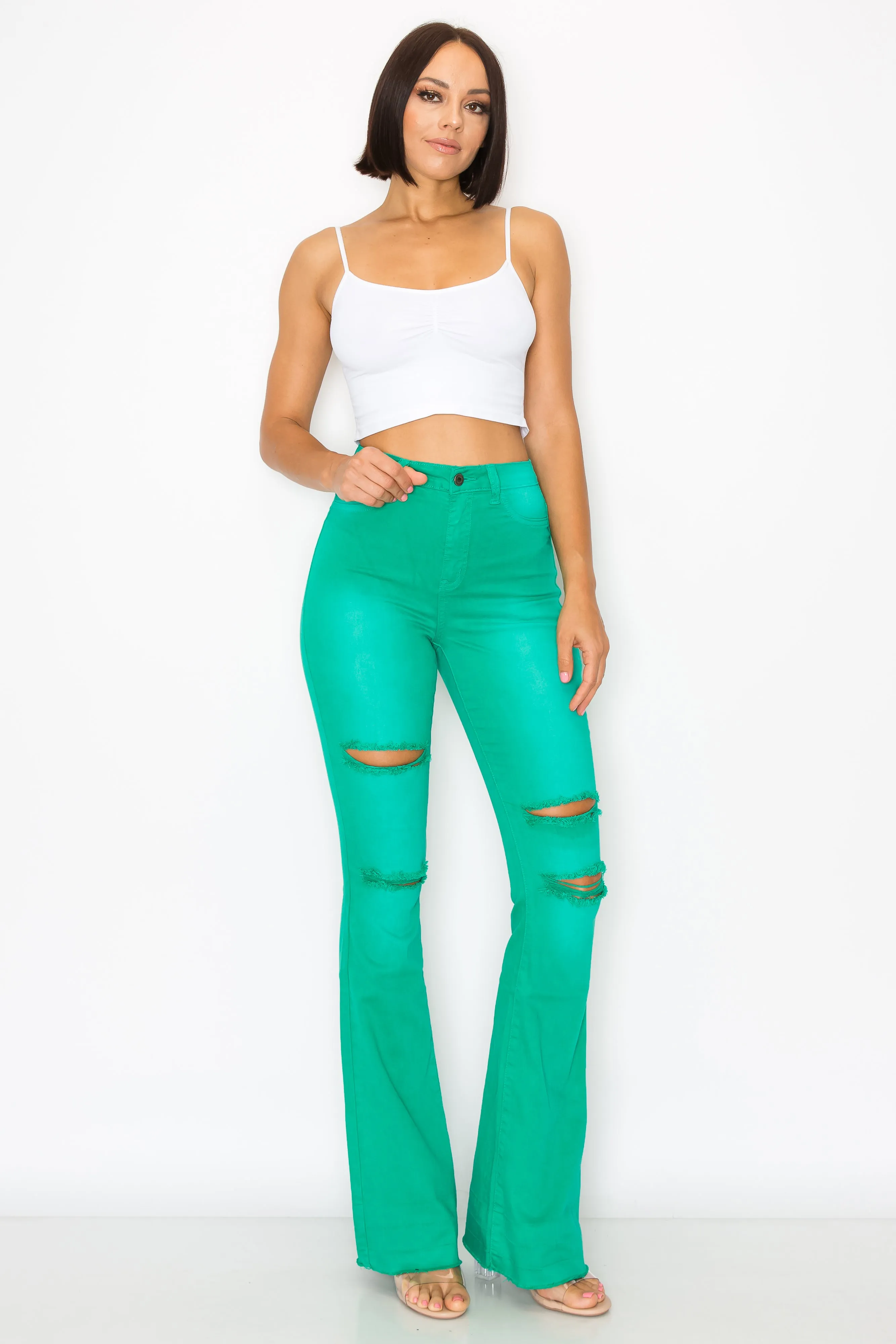 2143 Woman High Rise Light Flare Jeans W/Knee & Tight Slices