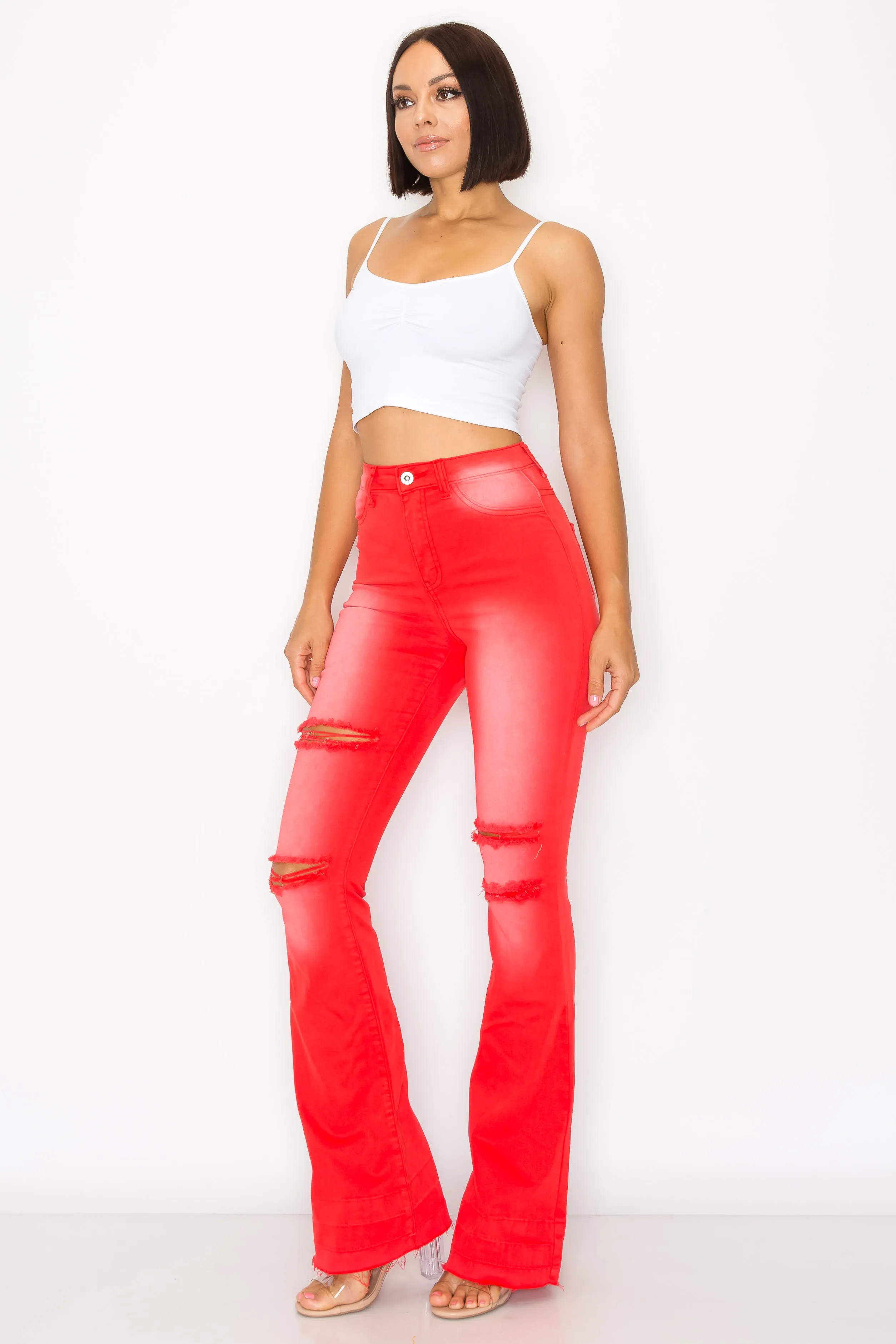 2143 Woman High Rise Light Flare Jeans W/Knee & Tight Slices