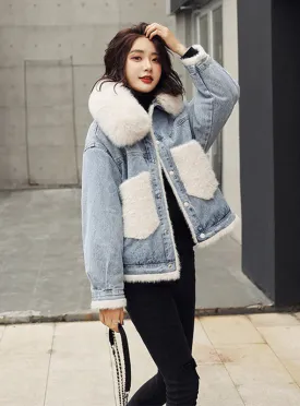 9108 Denim And Fur Jacket,Denim Winter Jacket For Woman- Warm jacket collection