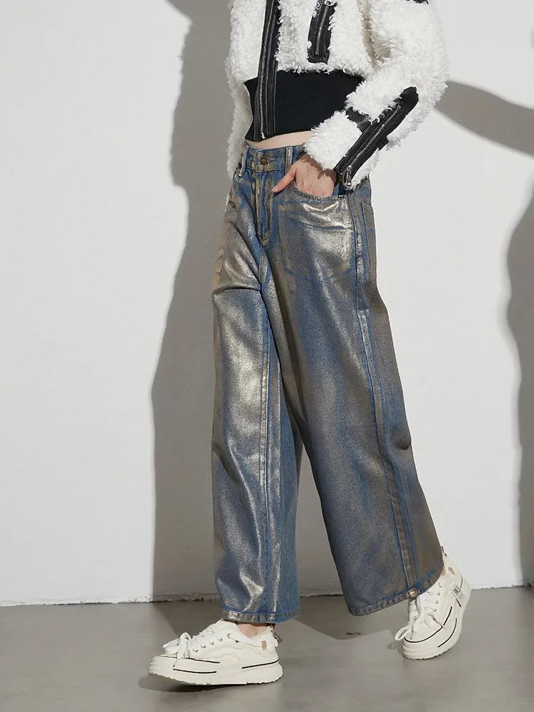 Adelin Metallic Coated Wide Leg Jeans