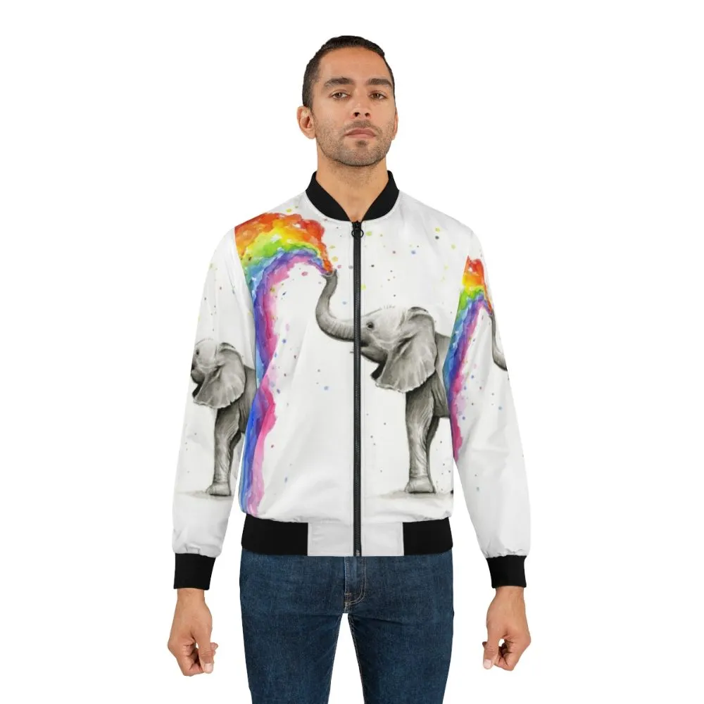 Adorable Baby Elephant Spraying Rainbow Bomber Jacket