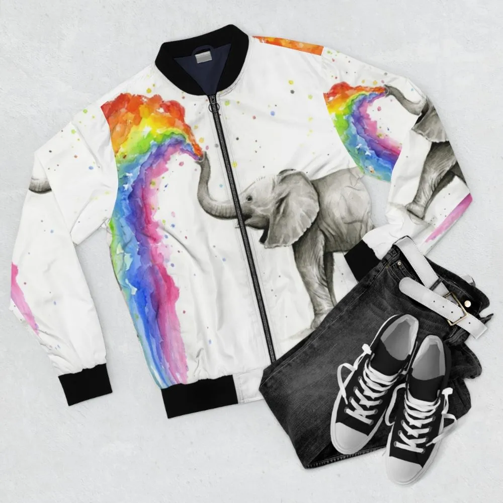 Adorable Baby Elephant Spraying Rainbow Bomber Jacket