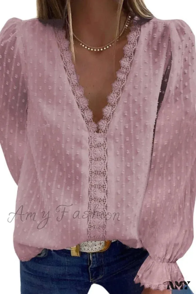 Amy Fashion - Fashion Lace Patchwork V Neck Blouses