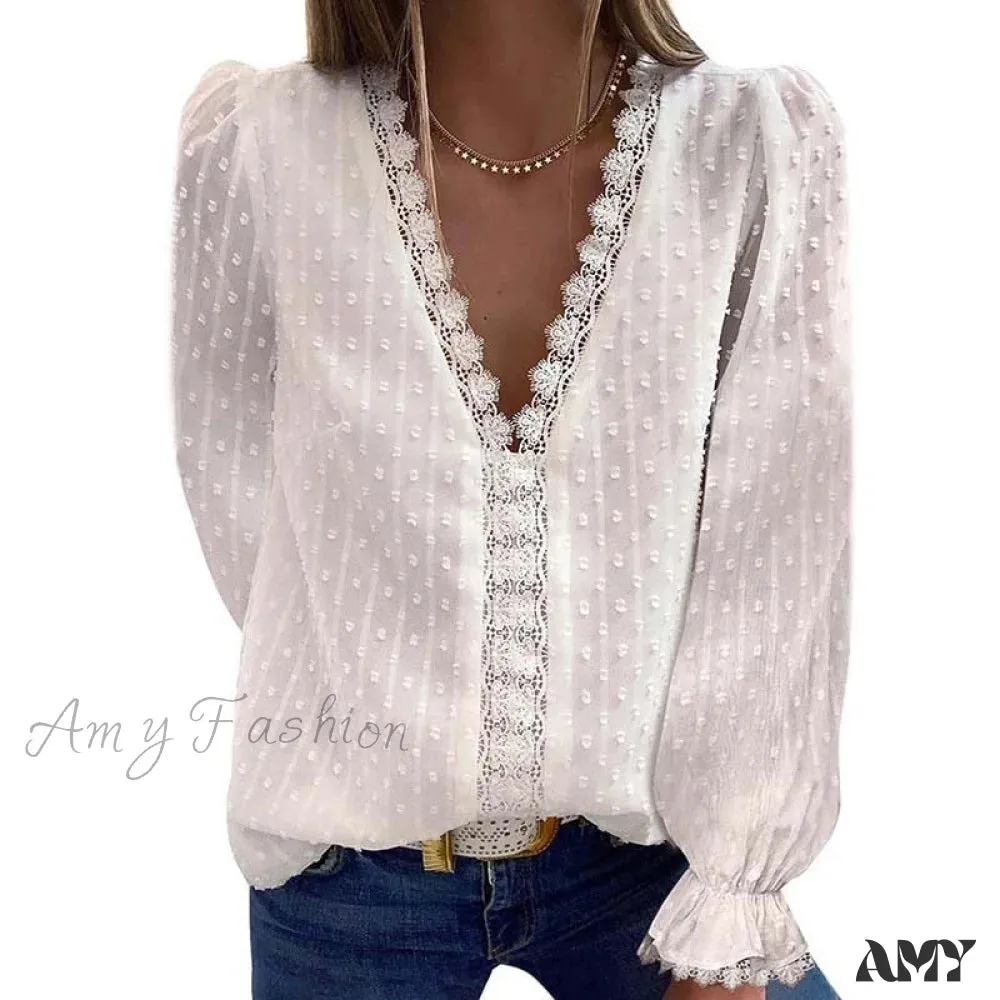 Amy Fashion - Fashion Lace Patchwork V Neck Blouses