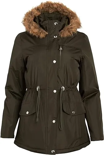 Anorak Long Length Jacket with Faux-Fur Trim Hood Forest