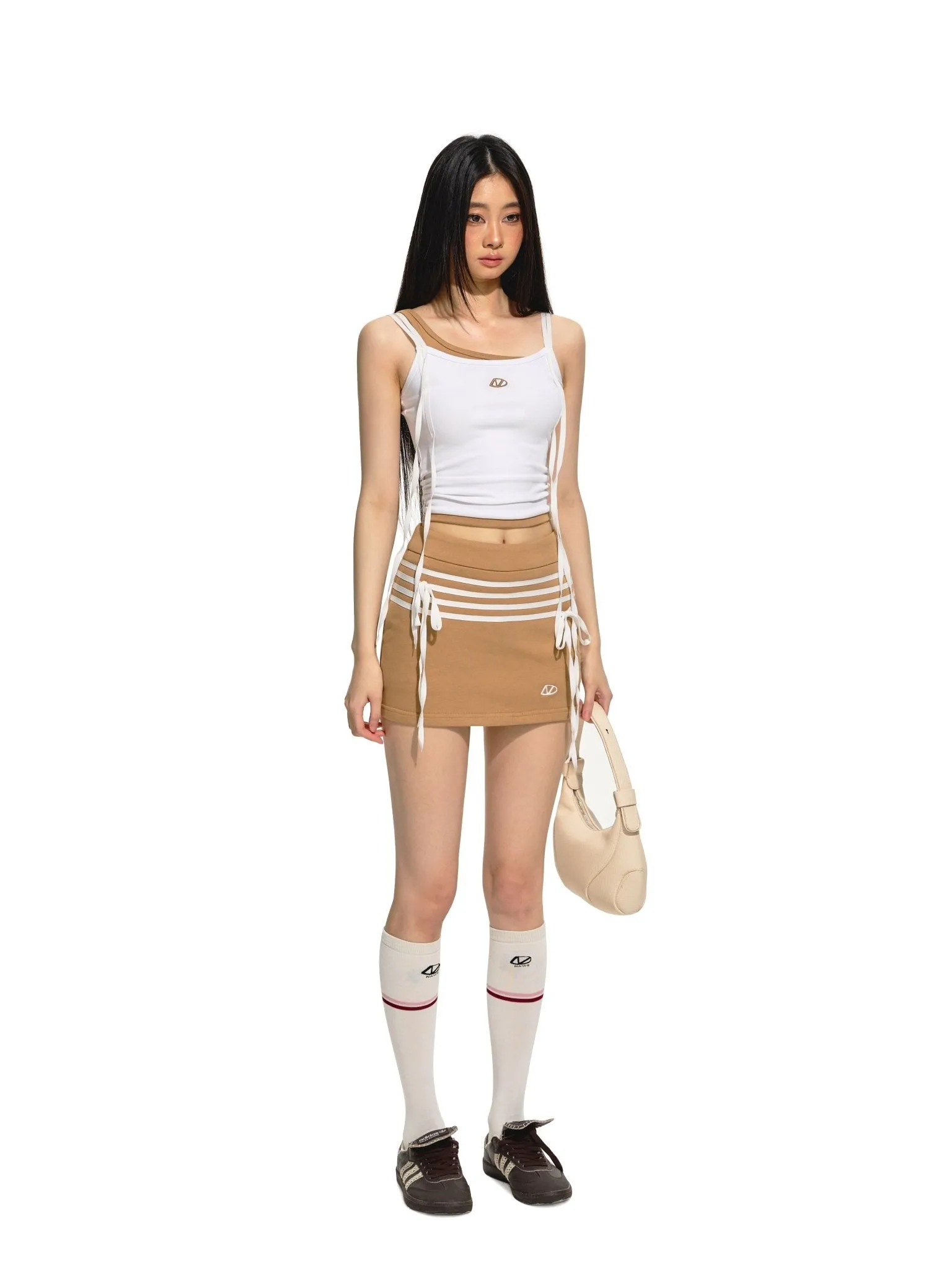 Appliqued Striped Color-Crossing Sports Skirt Brown