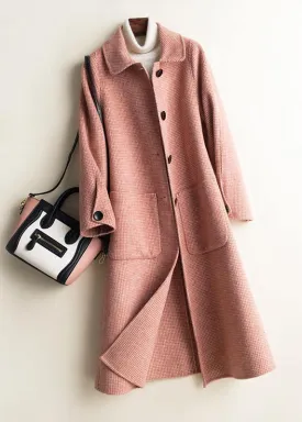 Art Peter pan Collar Button Down fine Woolen Coats Women pink plaid silhouette jackets