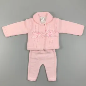 Baby Girl Knitted Coat With Bows & Trousers Outfit - Pink