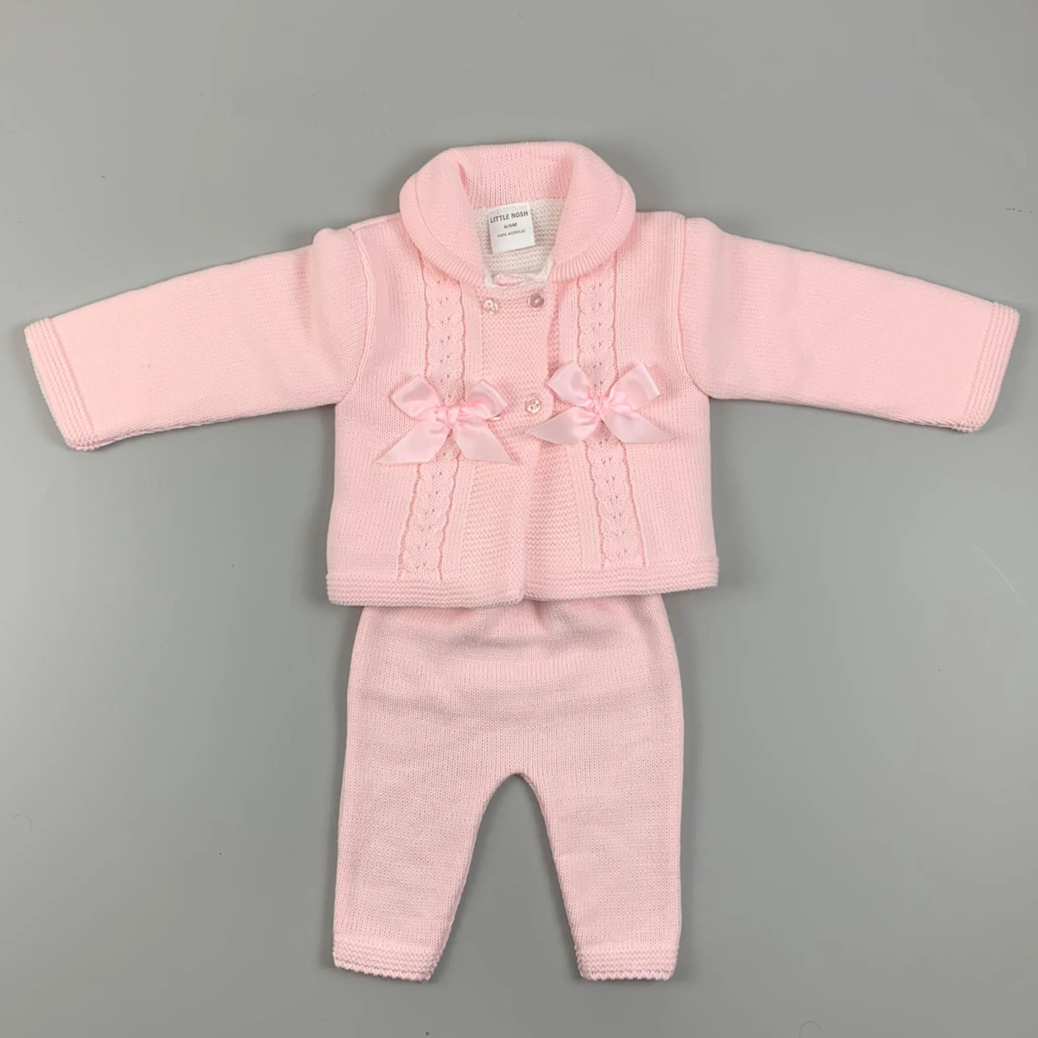 Baby Girl Knitted Coat With Bows & Trousers Outfit - Pink