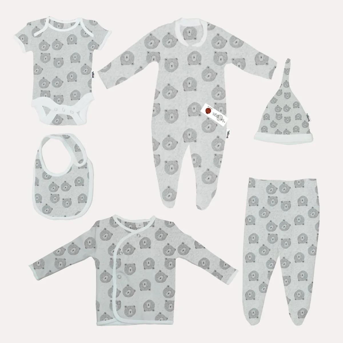 Baby Set | 100% Cotton |  6-Pieces | Hat | Bib | Jacket | Sleepsuit | Bodysuit | Leggings | Age Newborn – 6 Months | Colour Grey Bear | Broggs®