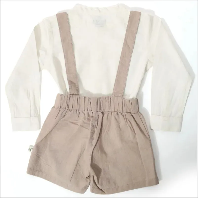 Baby Shirt & Suspender Shorts Set - White & Ruby Tan