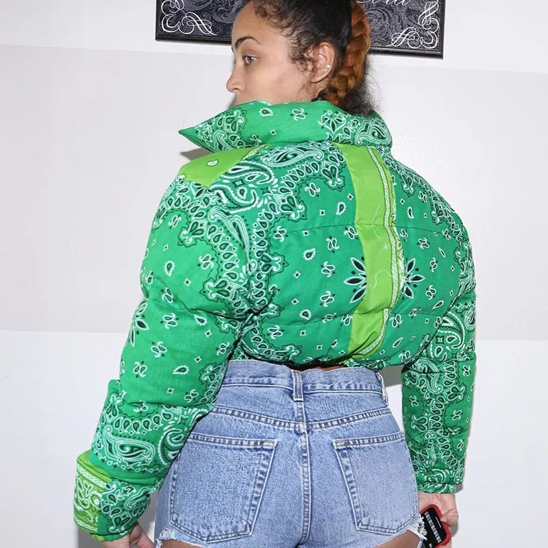 Bandana Print Cropped Long Sleeve Zipper Padded Women's Cropped Puffer Bubble Jacket/Vest