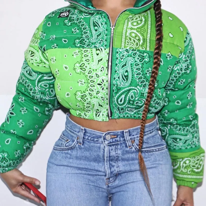 Bandana Print Cropped Long Sleeve Zipper Padded Women's Cropped Puffer Bubble Jacket/Vest