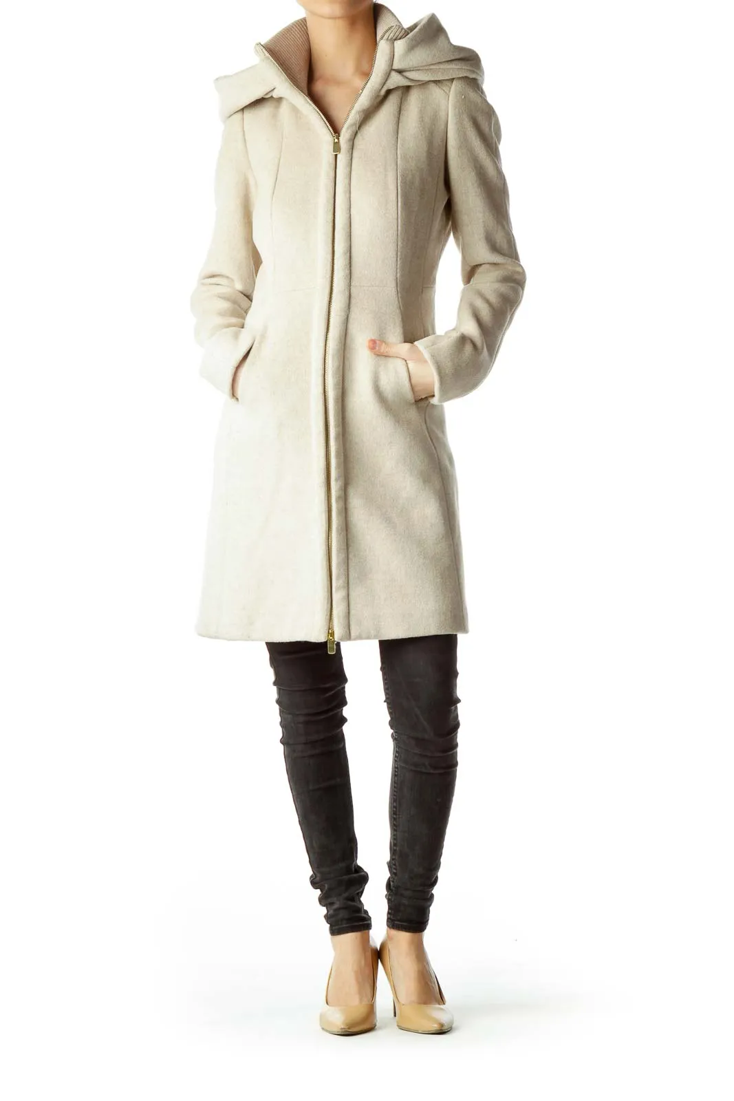 Beige Hooded Coat with Gold Zipper