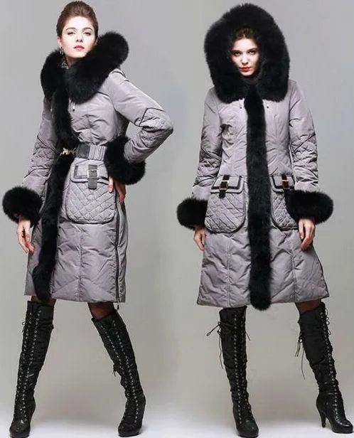 Belted White Duck Down Fur-Trimmed Coat in Grey or Black