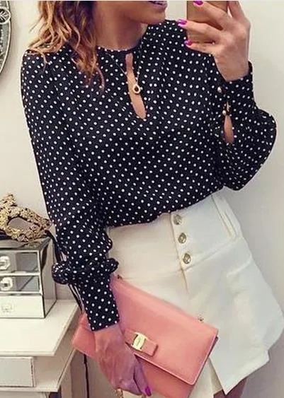 Black And White Dots Printed Long Puff Sleeves Scoop Blouse