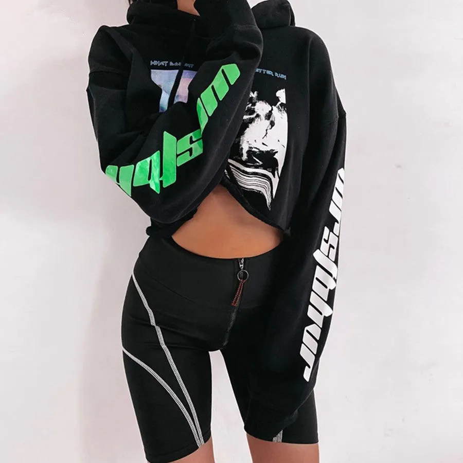 Black Reflective High Waist Letter Print Short Pants