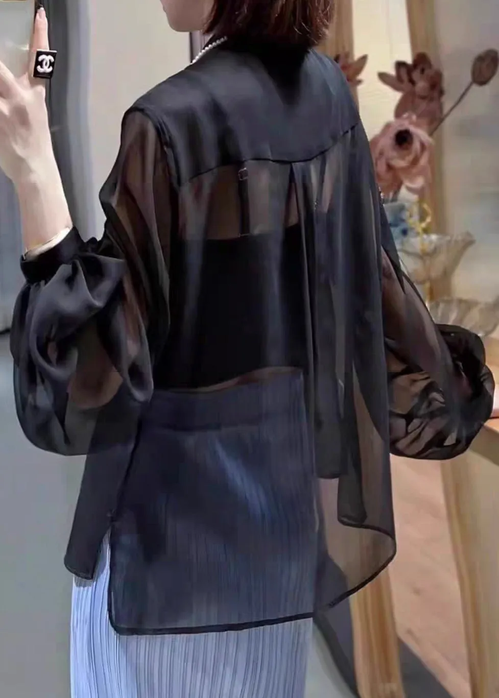 Black Solid Button Chiffon Blouses Stand Collar Lantern Sleeve QA1049