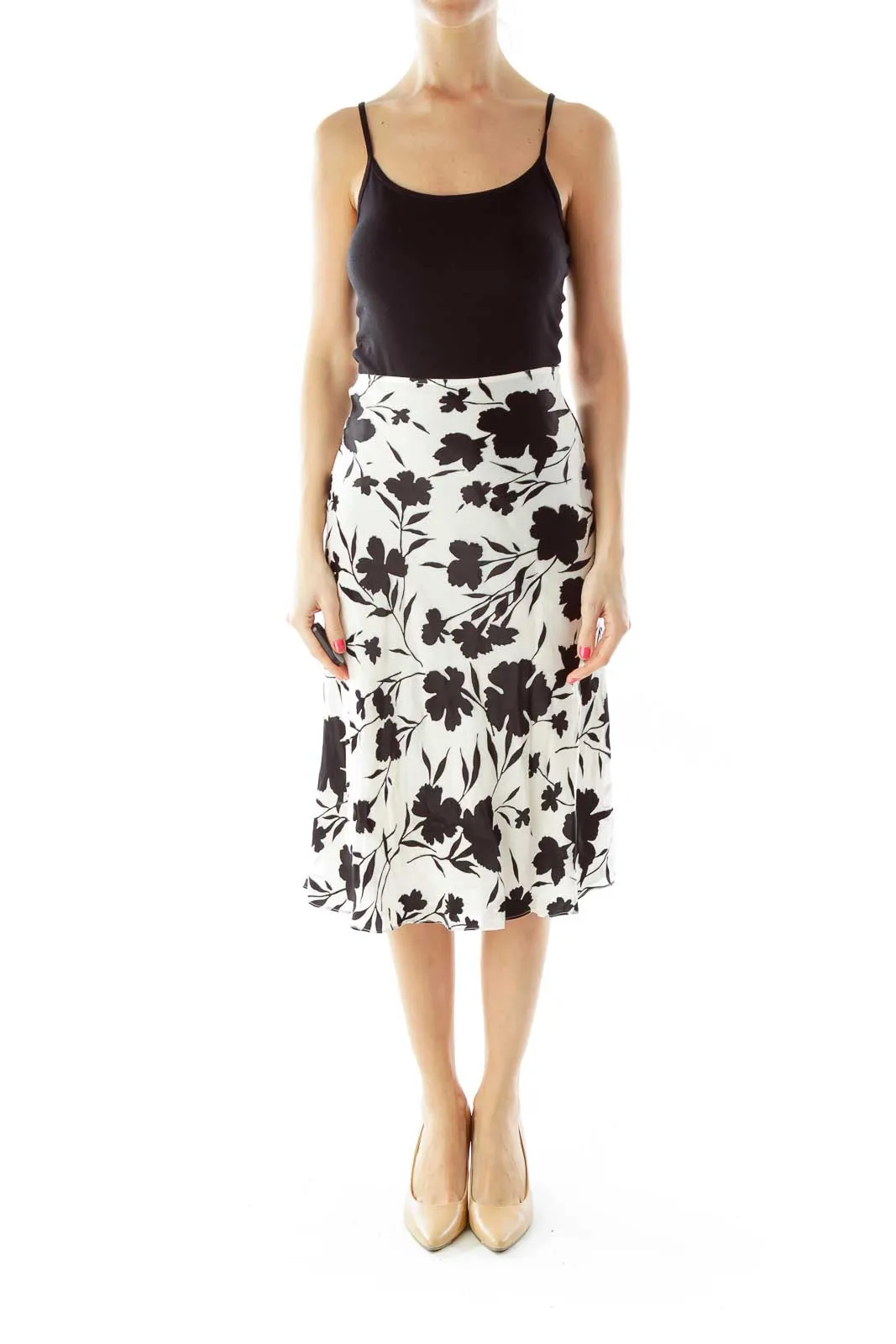 Black White Floral Silk Skirt