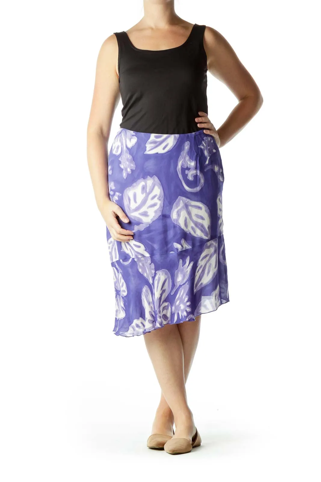 Blue and Cream Leaf Print Flared Skirt