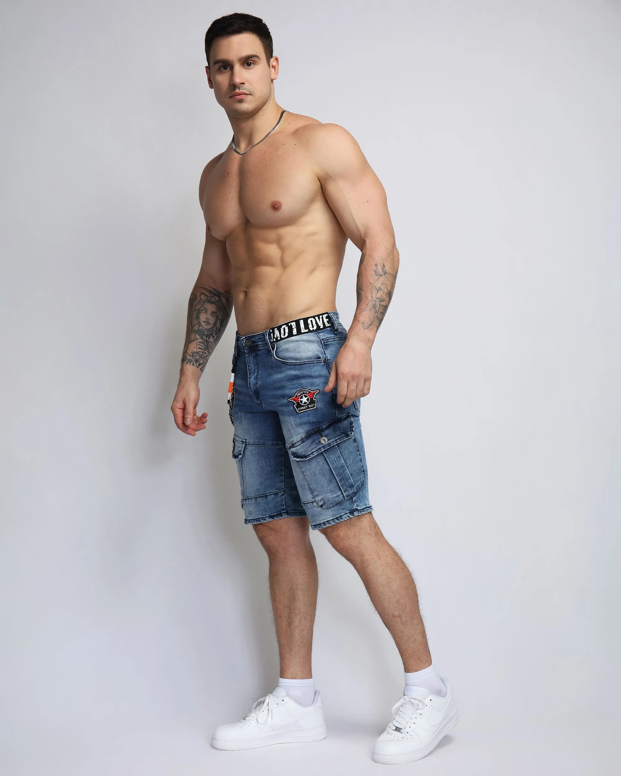 Blue Cargo Denim Shorts with Badge and Webbing Design-Mexico Local Delivery