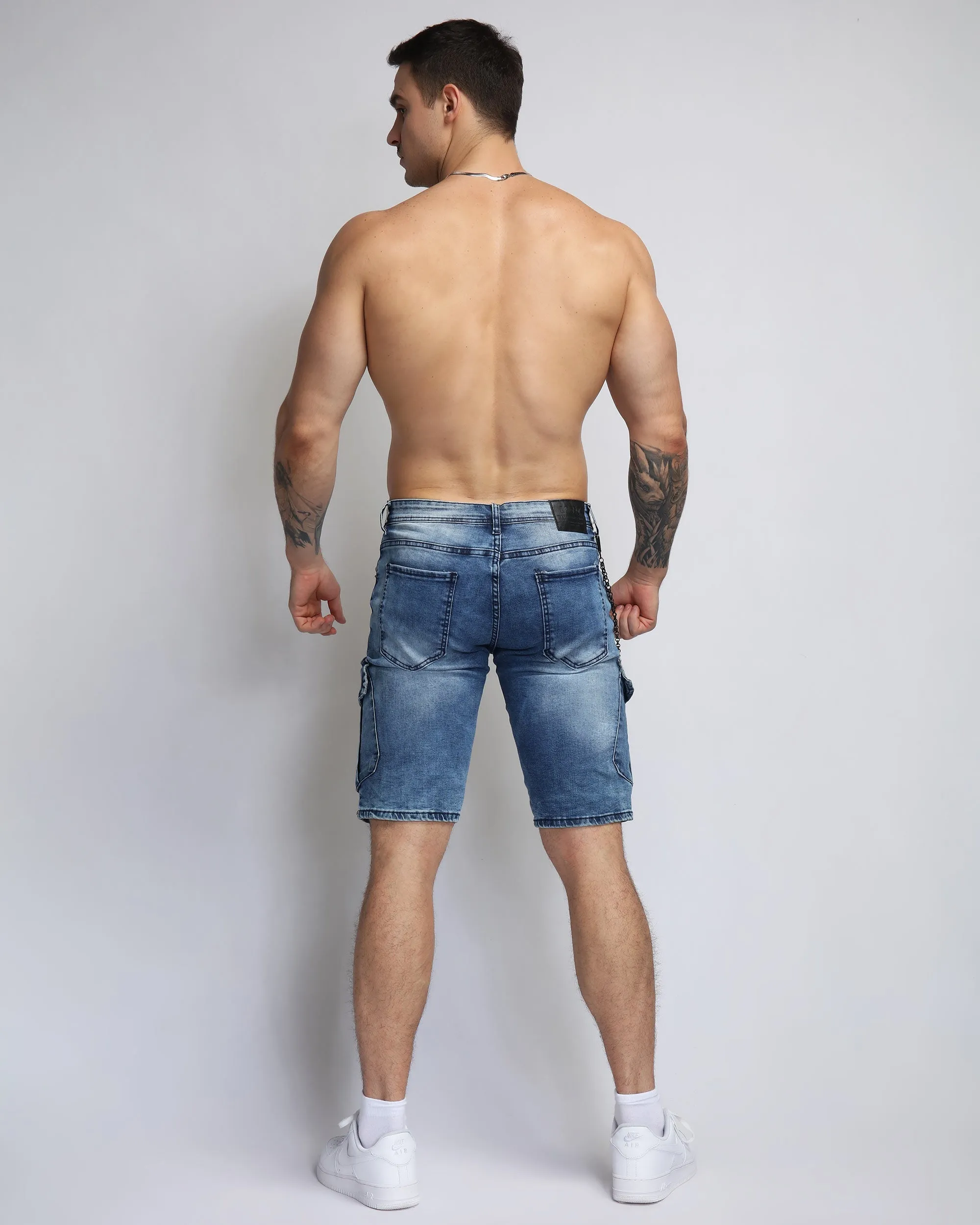 Blue Cargo Denim Shorts with Badge and Webbing Design-Mexico Local Delivery