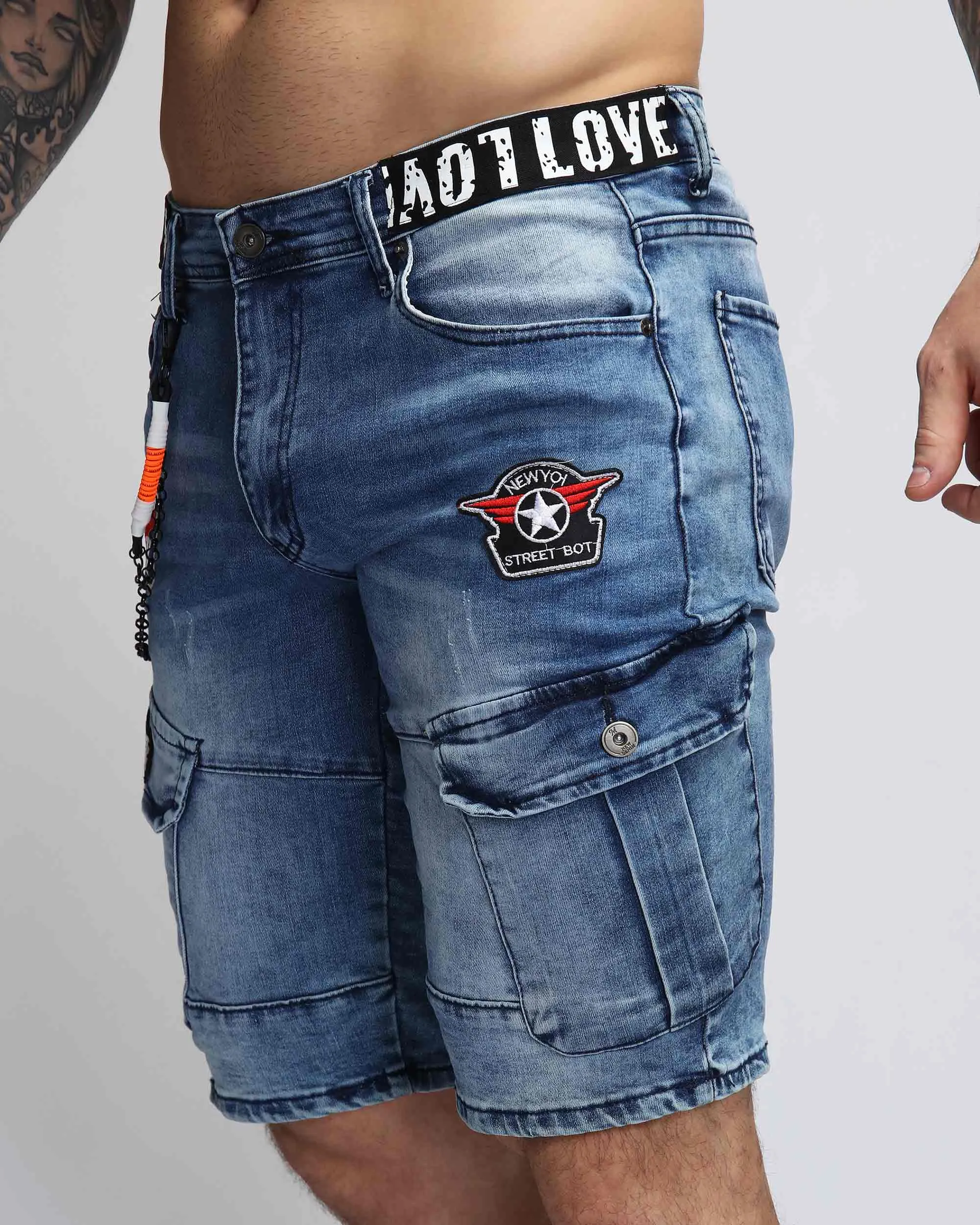 Blue Cargo Denim Shorts with Badge and Webbing Design-Mexico Local Delivery