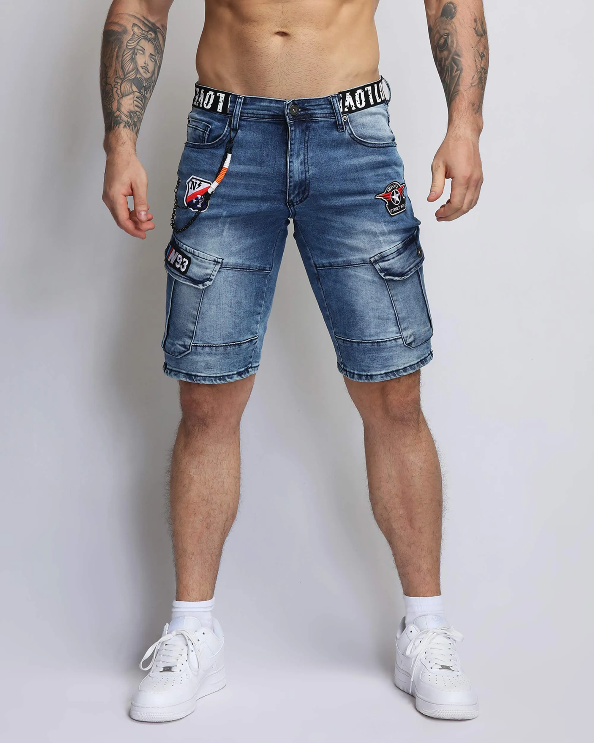 Blue Cargo Denim Shorts with Badge and Webbing Design-Mexico Local Delivery