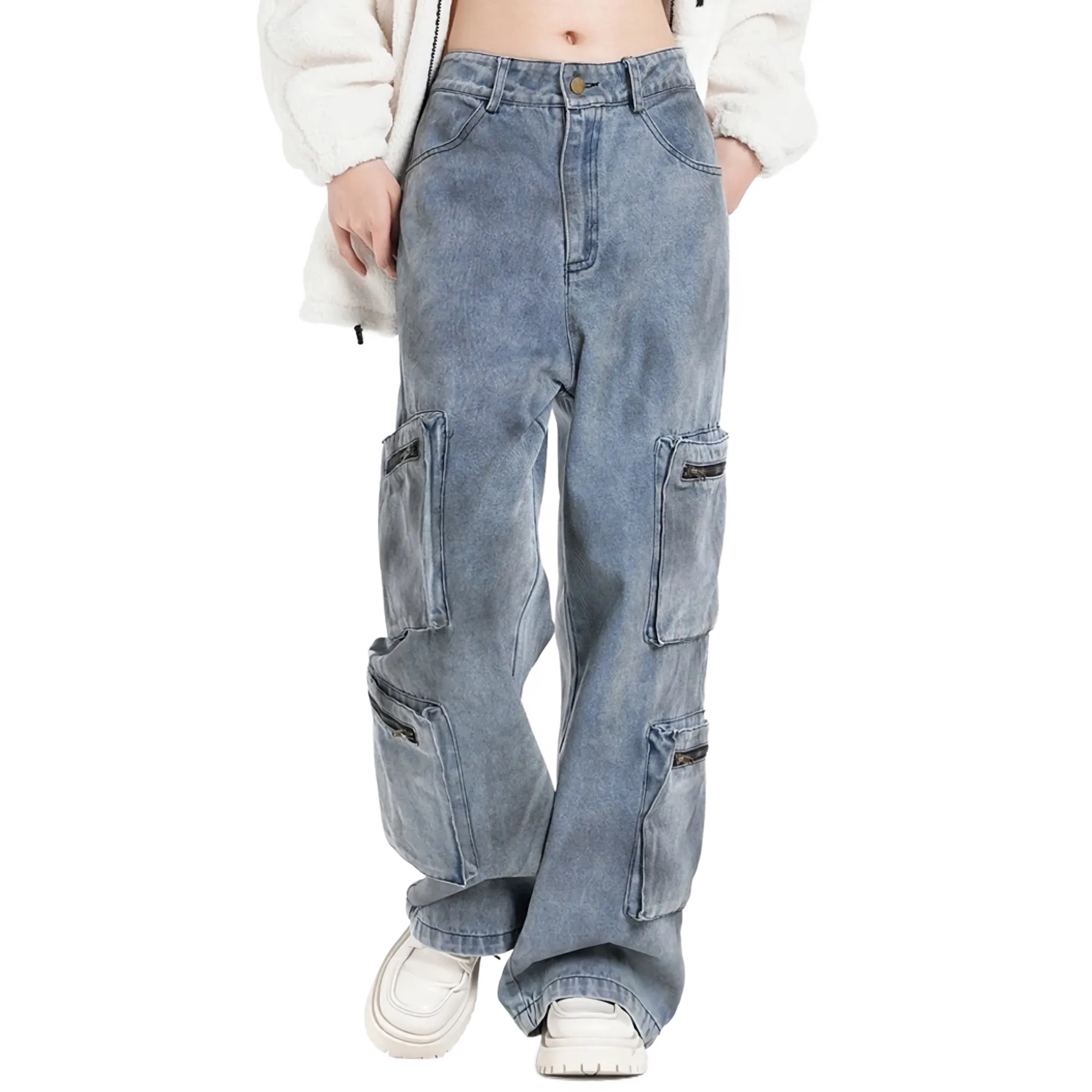 Blue Cargo Pocket Wide-Leg Jeans