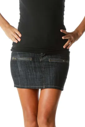 Blue Dark-Wash Zipper-Detailed Denim Skirt