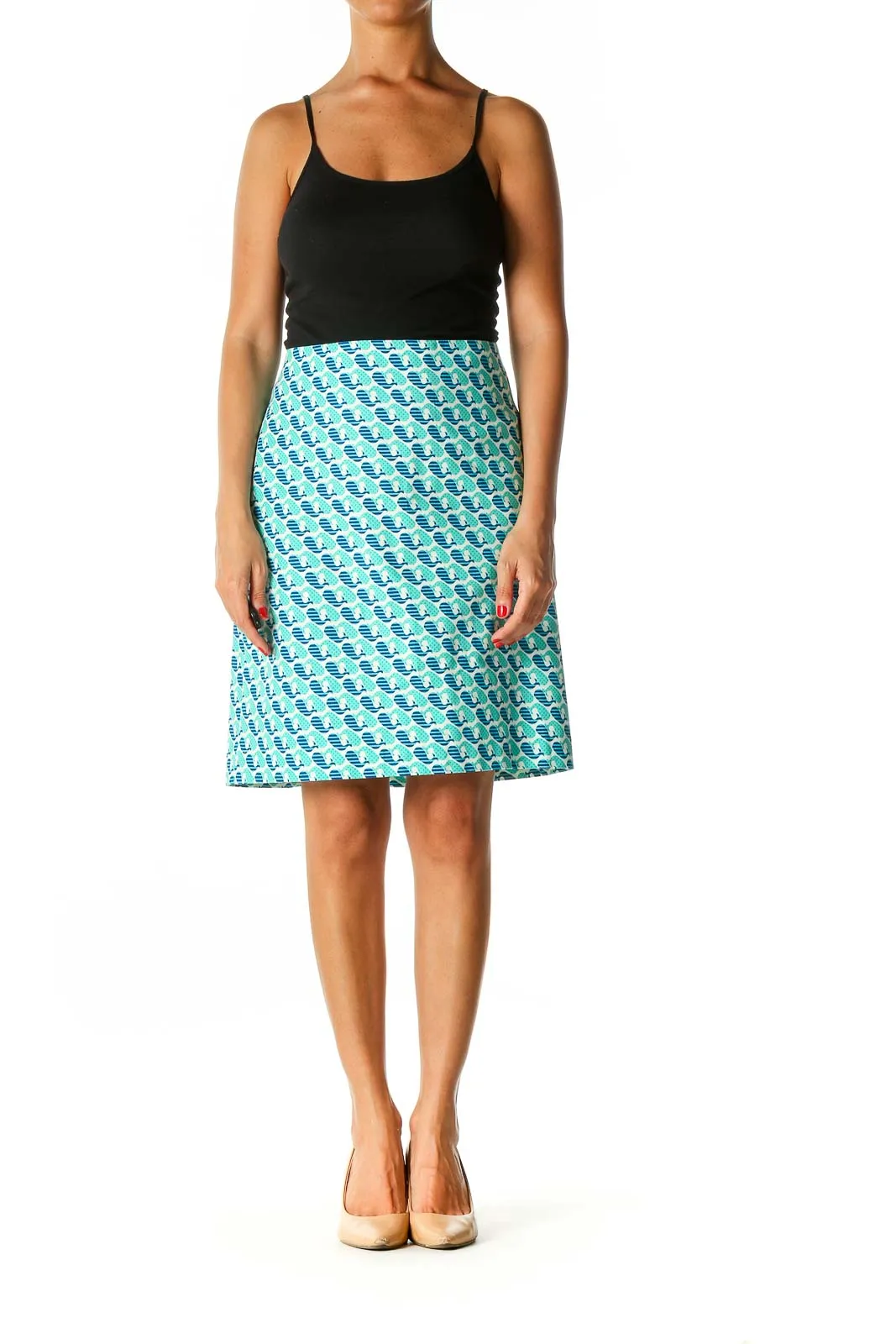 Blue Graphic Print Brunch A-Line Skirt