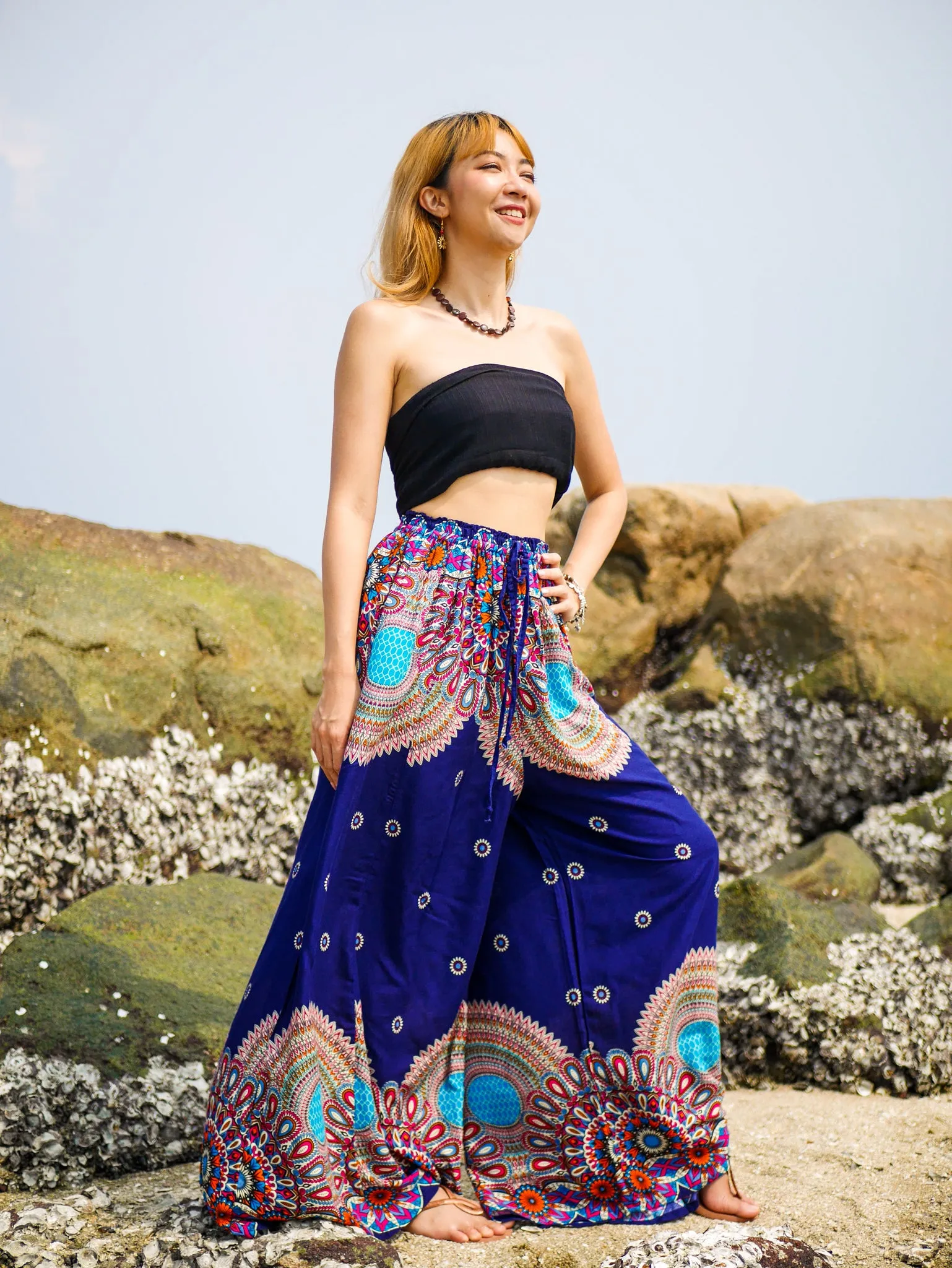 Blue Mandala Wide Leg Palazzo Pants