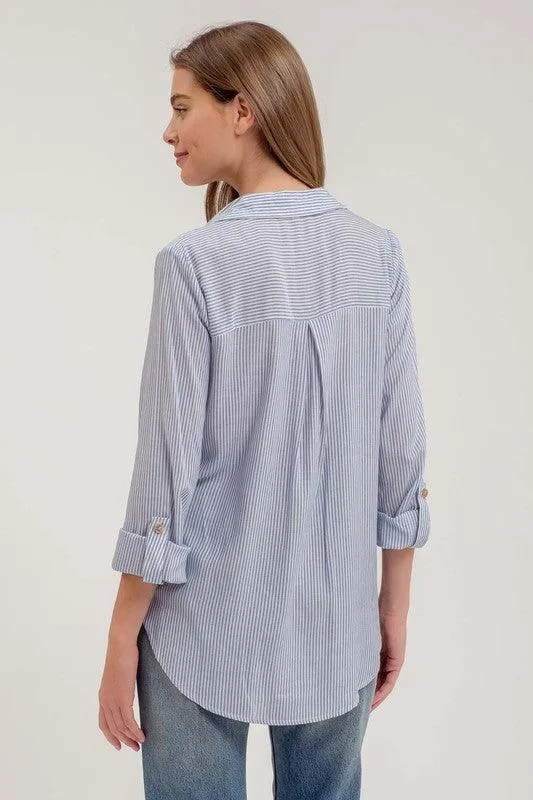 Blue Striped Collared Button Down Top