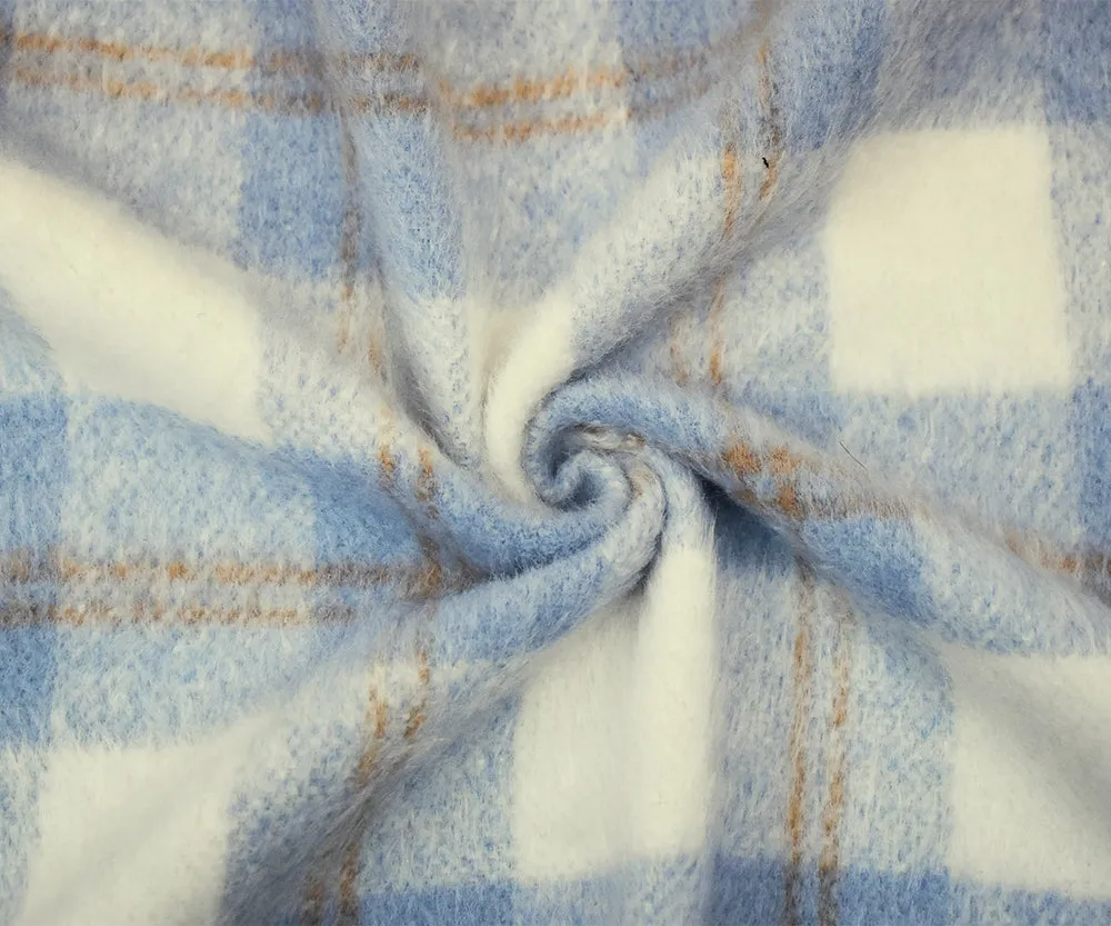 Blue-White-Brown Famous Designer Poly Brushed Plaid Jacketing Woven Fabric