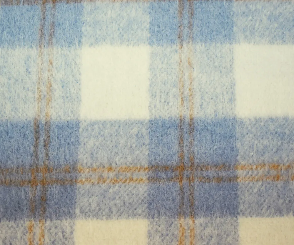 Blue-White-Brown Famous Designer Poly Brushed Plaid Jacketing Woven Fabric