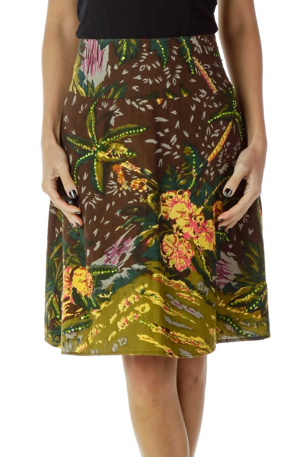 Brown Printed A-Line Skirt