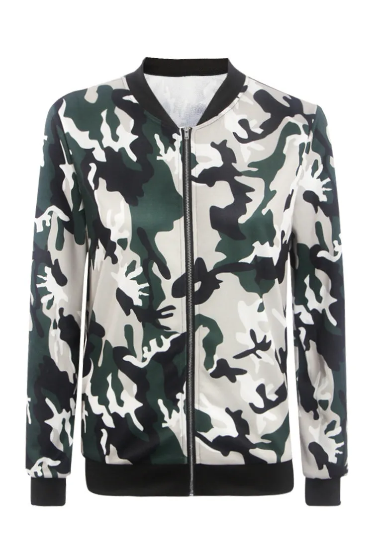 Camouflage Print Zipper Stand Collar Short Coat Jacket