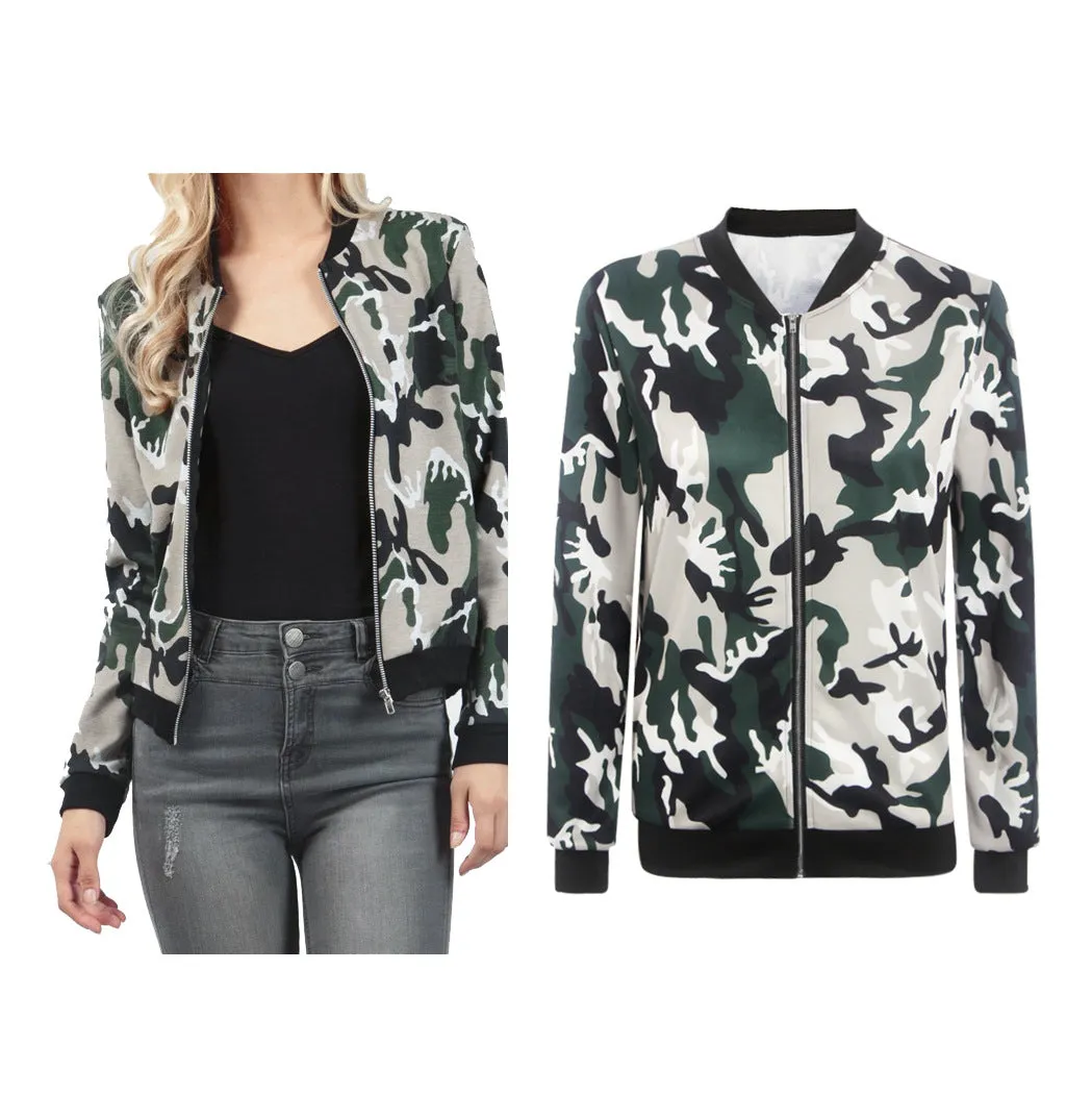 Camouflage Print Zipper Stand Collar Short Coat Jacket