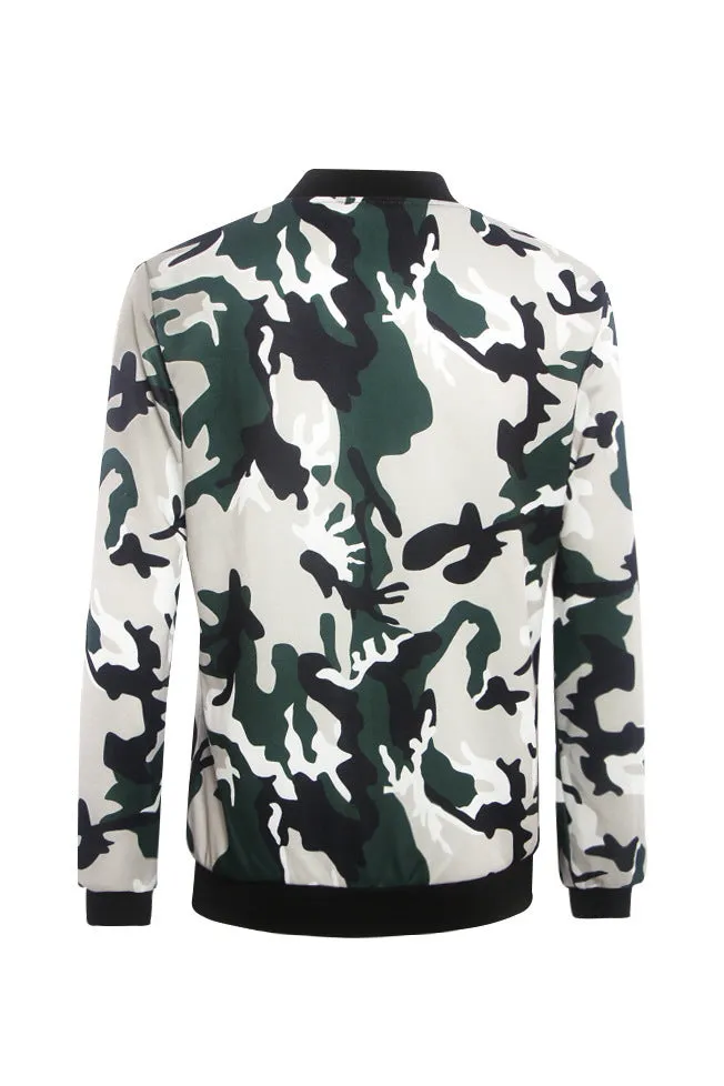 Camouflage Print Zipper Stand Collar Short Coat Jacket