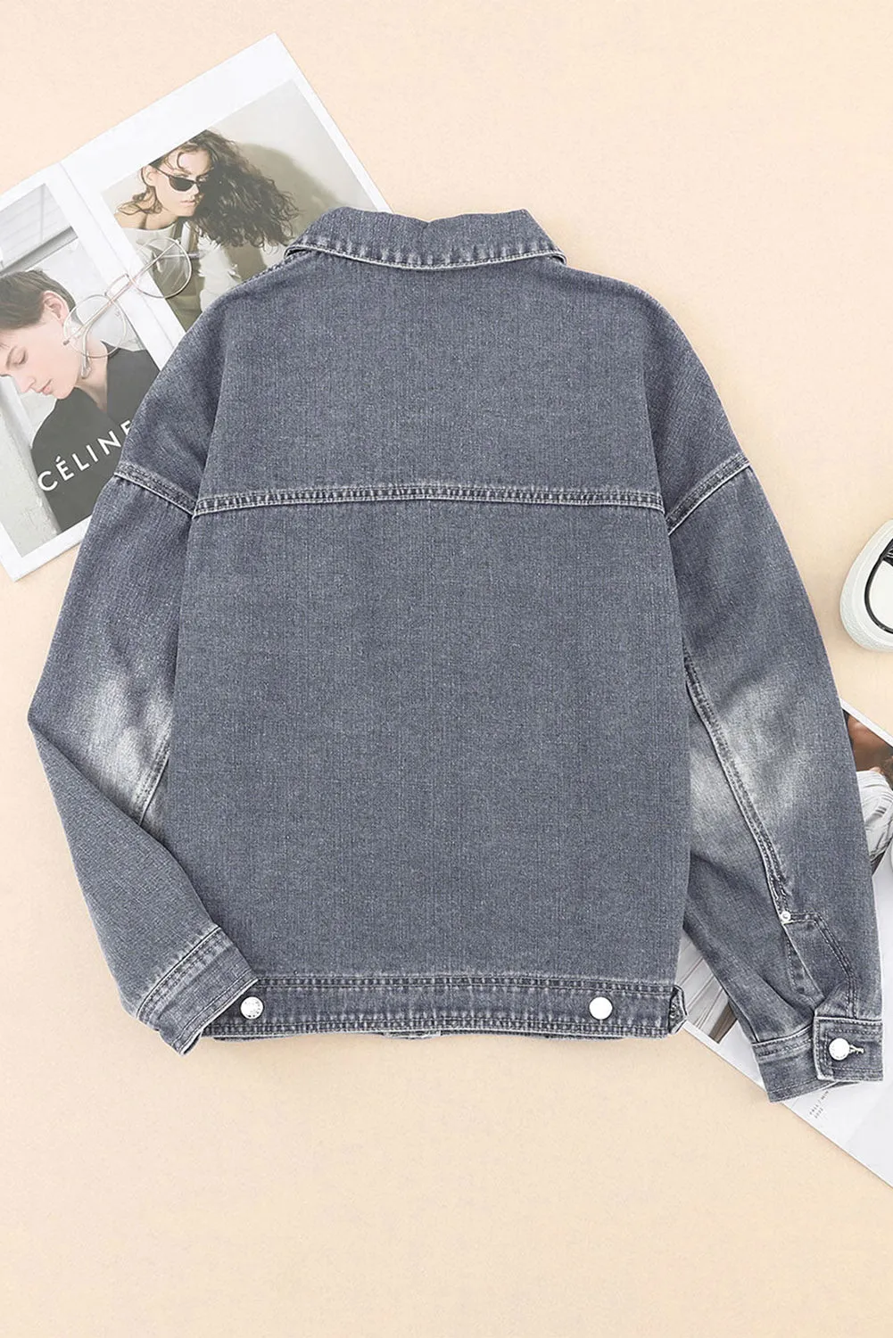 Chest Pockets Drop Shoulder Loose Denim Jacket