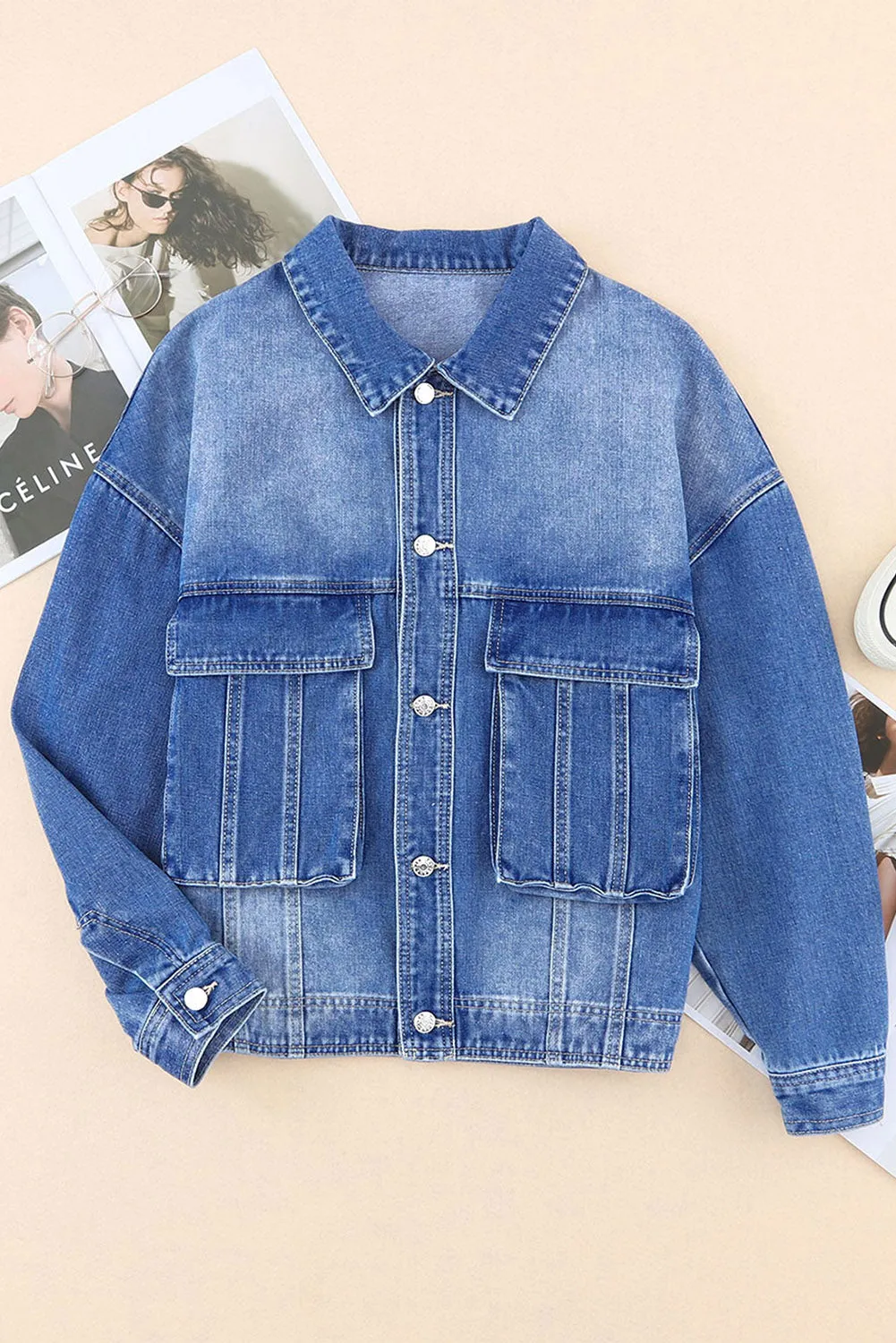 Chest Pockets Drop Shoulder Loose Denim Jacket