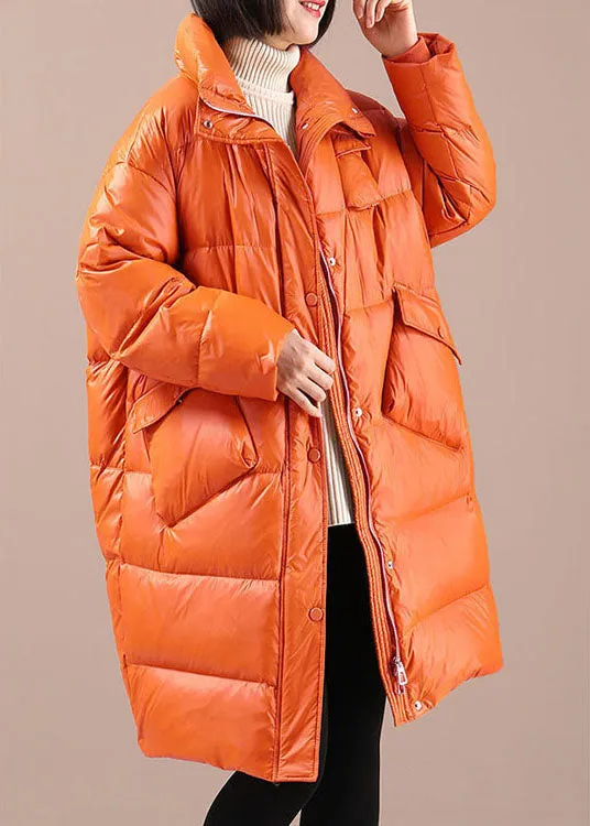 Chic Orange Loose Stand Collar Pockets Winter Duck Down Coats