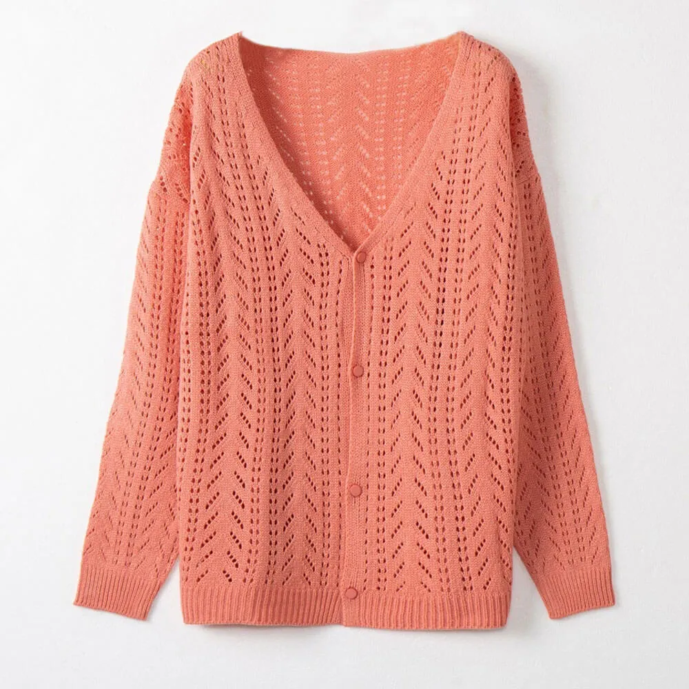 Chic V Neck Button Up Drop Shoulder Pointelle Knit Coral Cardigan