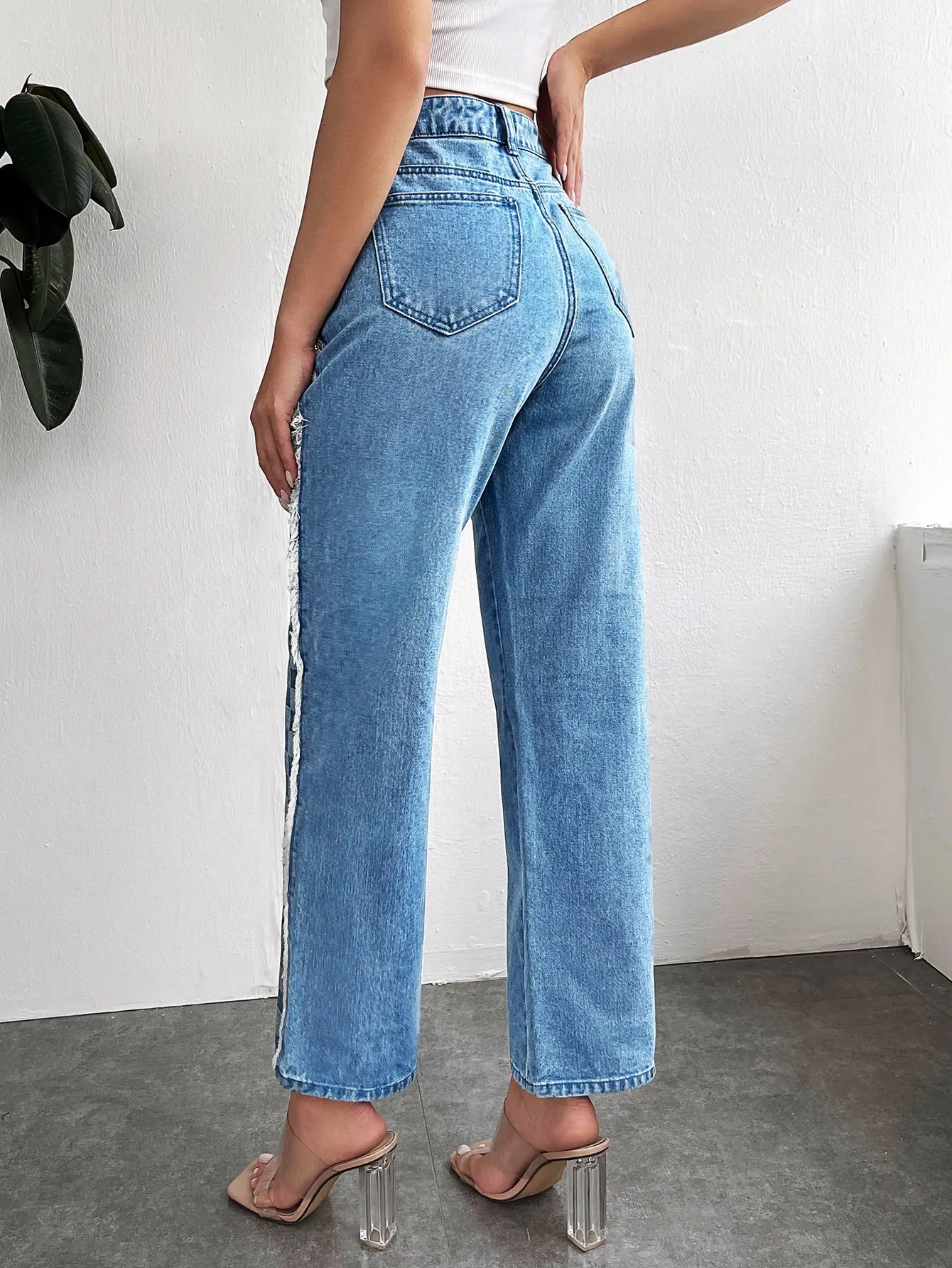 Colorblock Zipper Natural Long Women Jeans