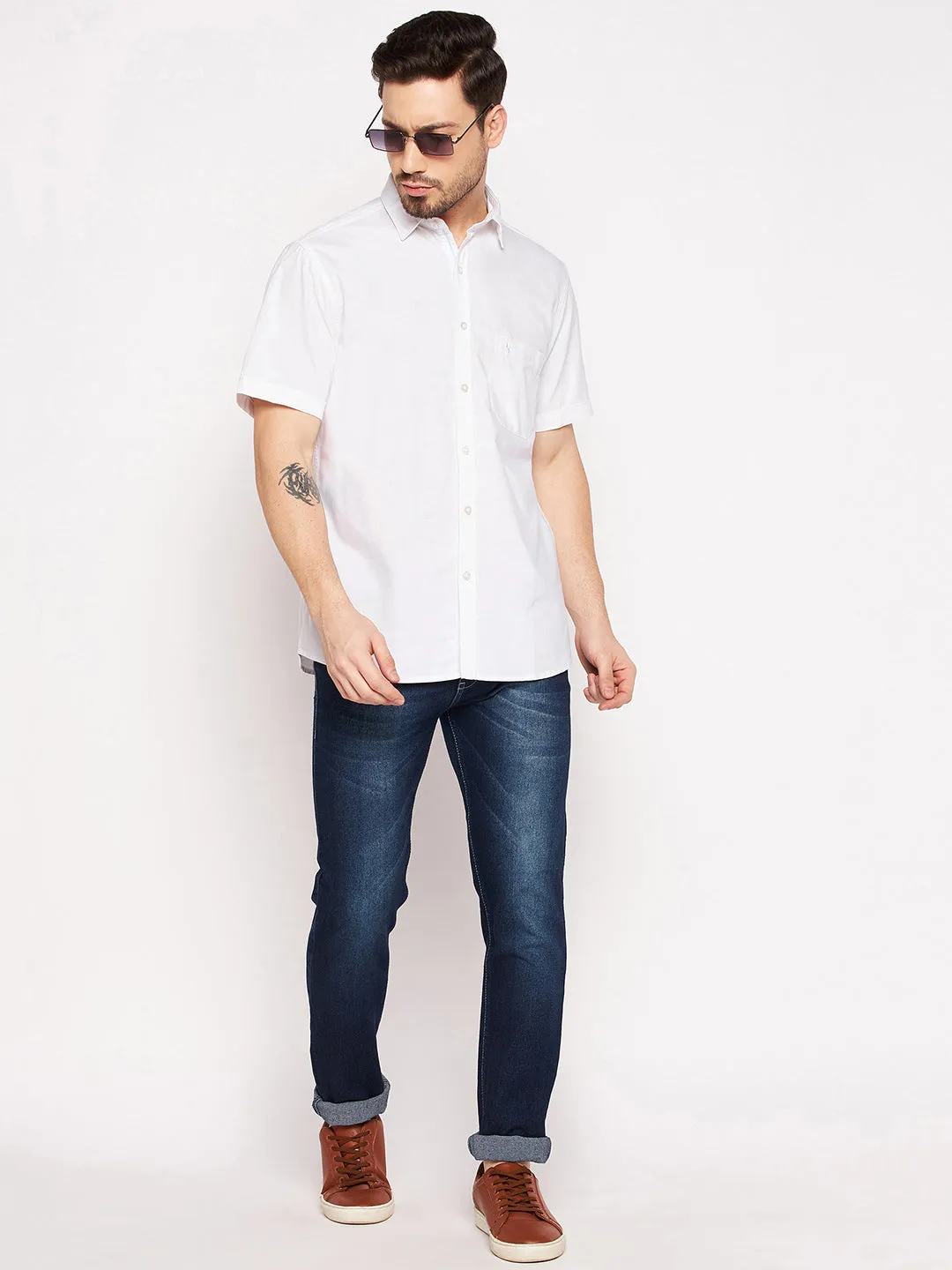 Cotton Solid White Half Sleeve Regular Fit Casual Shirt for Men with Pocket